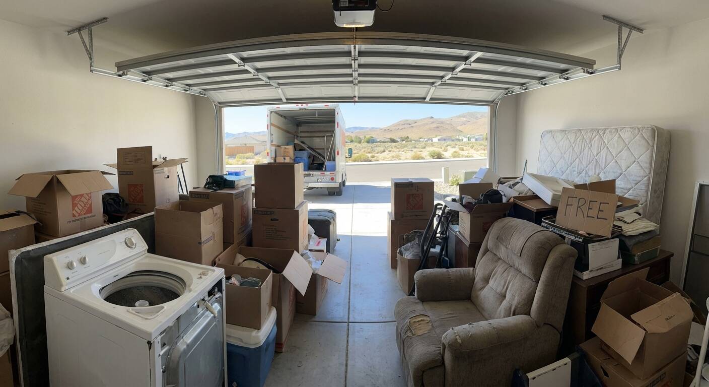 Unexpected junk left behind after a move in Reno, including old furniture and boxes in a new home